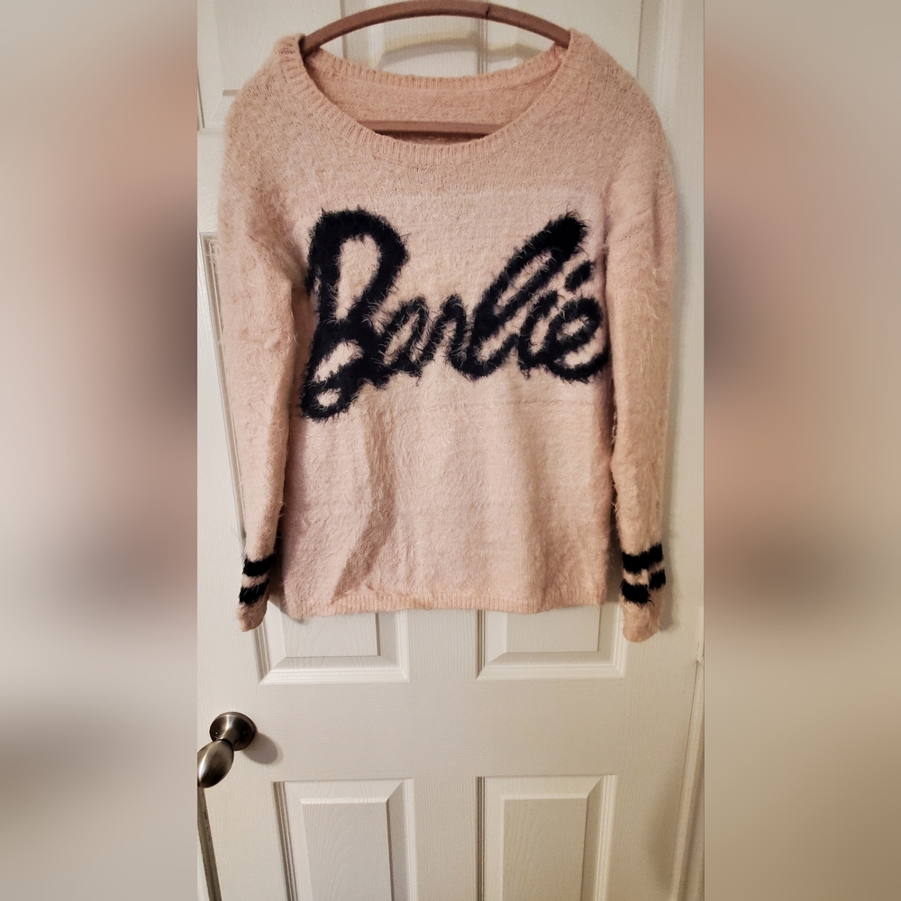Pink Fuzzy Sweater with Black Lettering